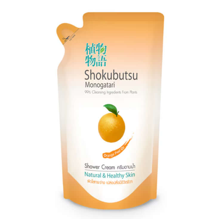 Shokubutsu Orange Shower Cream in a flexible refill pouch featuring citrus graphics.