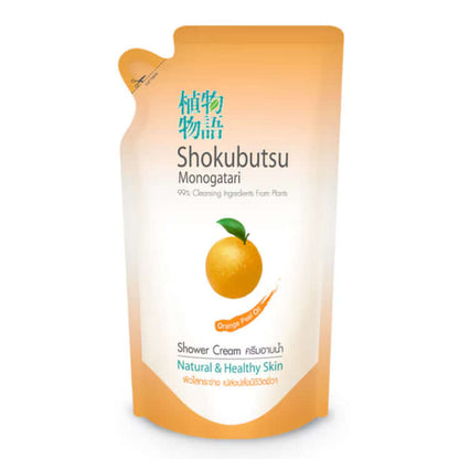 Shokubutsu Orange Shower Cream in a flexible refill pouch featuring citrus graphics.