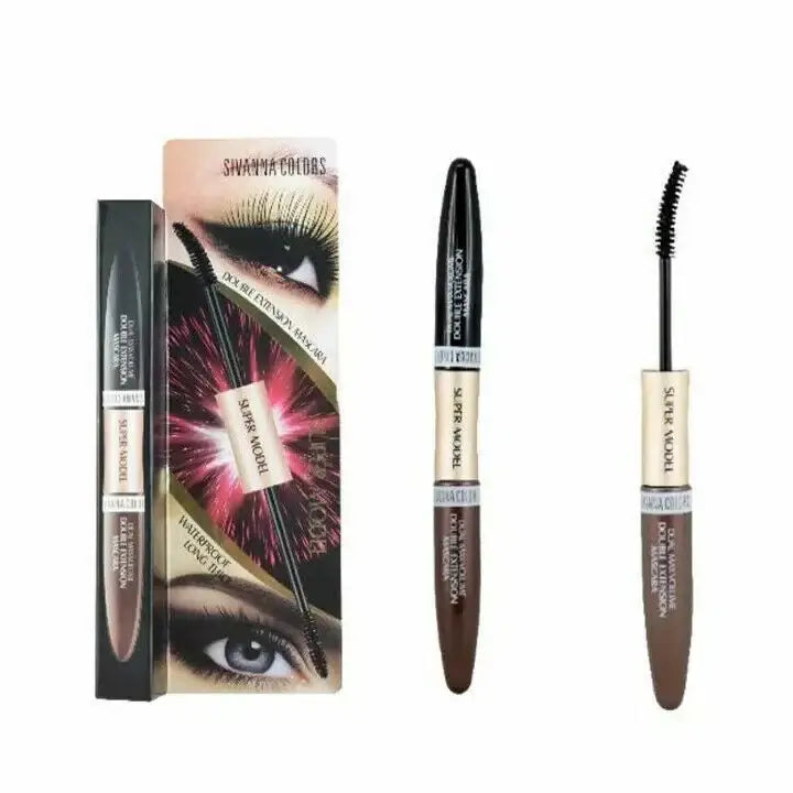 Sivanna Colors Super Model Mascara Double Extension Waterproof HF901 packaging and brush, showcasing defined lashes and sculpted brows.
