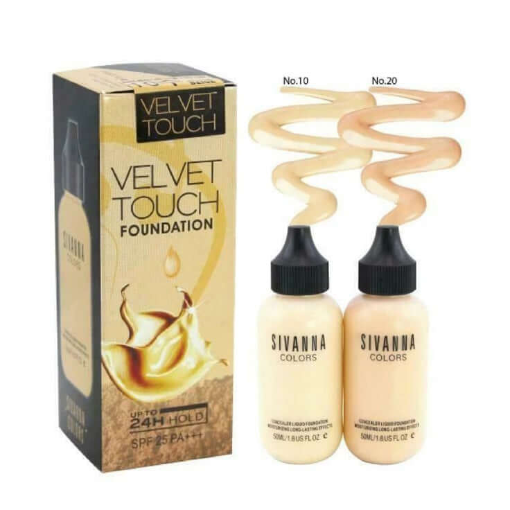 Sivanna Colors Velvet Foundation packaging box with No.10 and No.20 shade swatch bottles