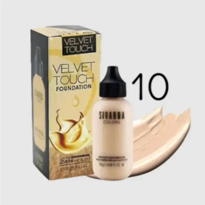 Sivanna Colors Velvet Foundation shade No.10 bottle with packaging box and liquid cream swatch