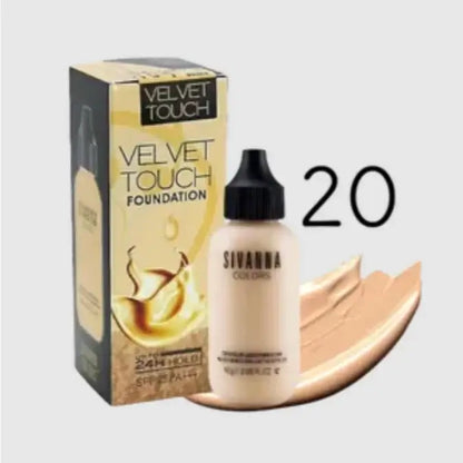 Sivanna Colors Velvet Foundation shade No.20 bottle with packaging box and liquid cream swatch