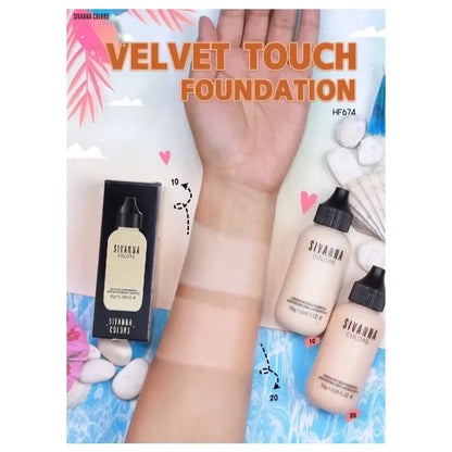 Sivanna Colors Velvet Foundation swatches on arm showcasing different shades with product packaging and tropical decor.