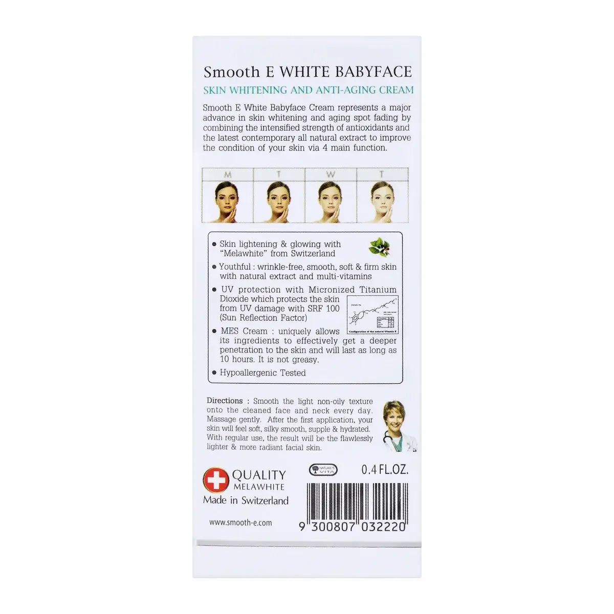 Smooth E White Babyface Cream packaging details, highlighting skin whitening and anti-aging benefits, 0.4 fl oz.