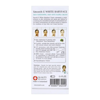 Smooth E White Babyface Cream packaging details, highlighting skin whitening and anti-aging benefits, 0.4 fl oz.