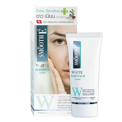 Smooth E White Babyface Cream packaging with a gentle face moisturizer for skin whitening and UV protection.