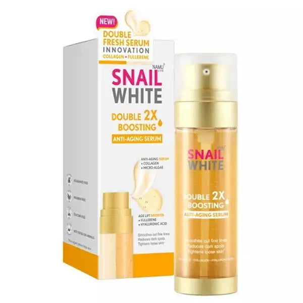 Snail White Double Boosting Serum Collagen Fullerene Dual Chamber Serum Box and Bottle