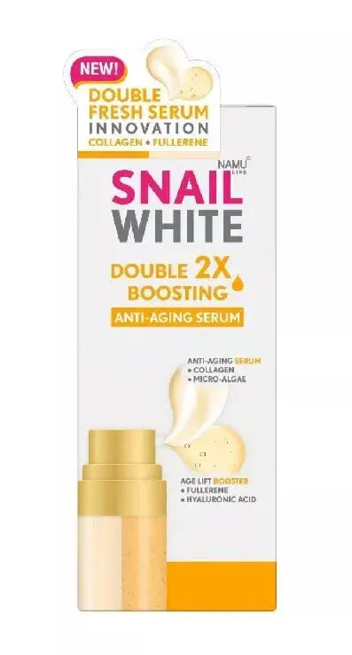 Snail White Double Boosting Serum Front Packaging with Dual Chamber Formula