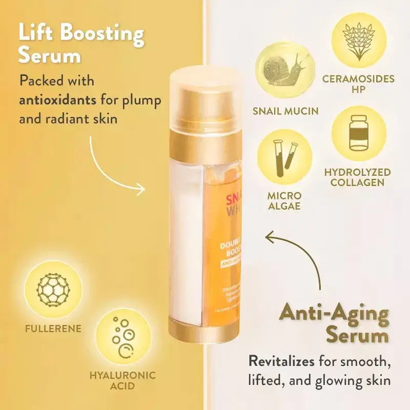 Snail White Double Boosting Serum Product Benefits and Formula Information Packaging