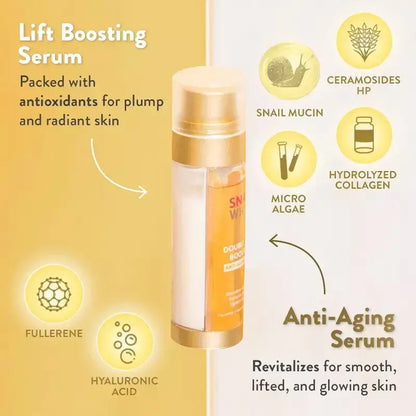 Snail White Double Boosting Serum Product Benefits and Formula Information Packaging