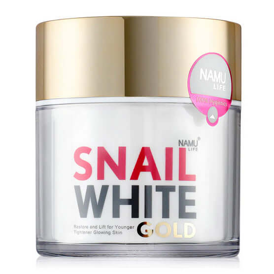 Front view of the clear and gold Snail White Gold Cream jar with its metallic gold lid.