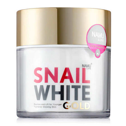 Front view of the clear and gold Snail White Gold Cream jar with its metallic gold lid.