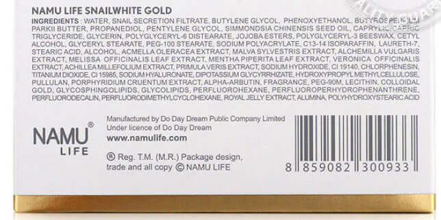 The bottom or back panel of the Snail White Gold Cream packaging showing ingredients list and barcode.