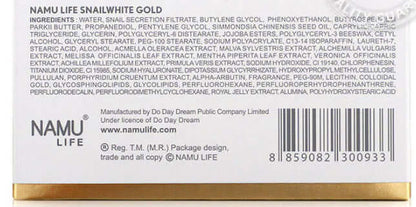 The bottom or back panel of the Snail White Gold Cream packaging showing ingredients list and barcode.