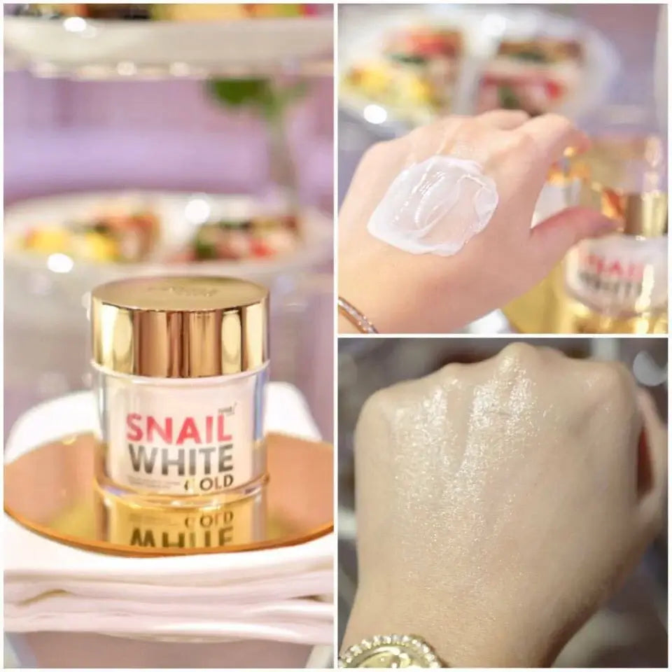 A collage demonstrating the application of Snail White Gold Cream on a hand to show texture and results.