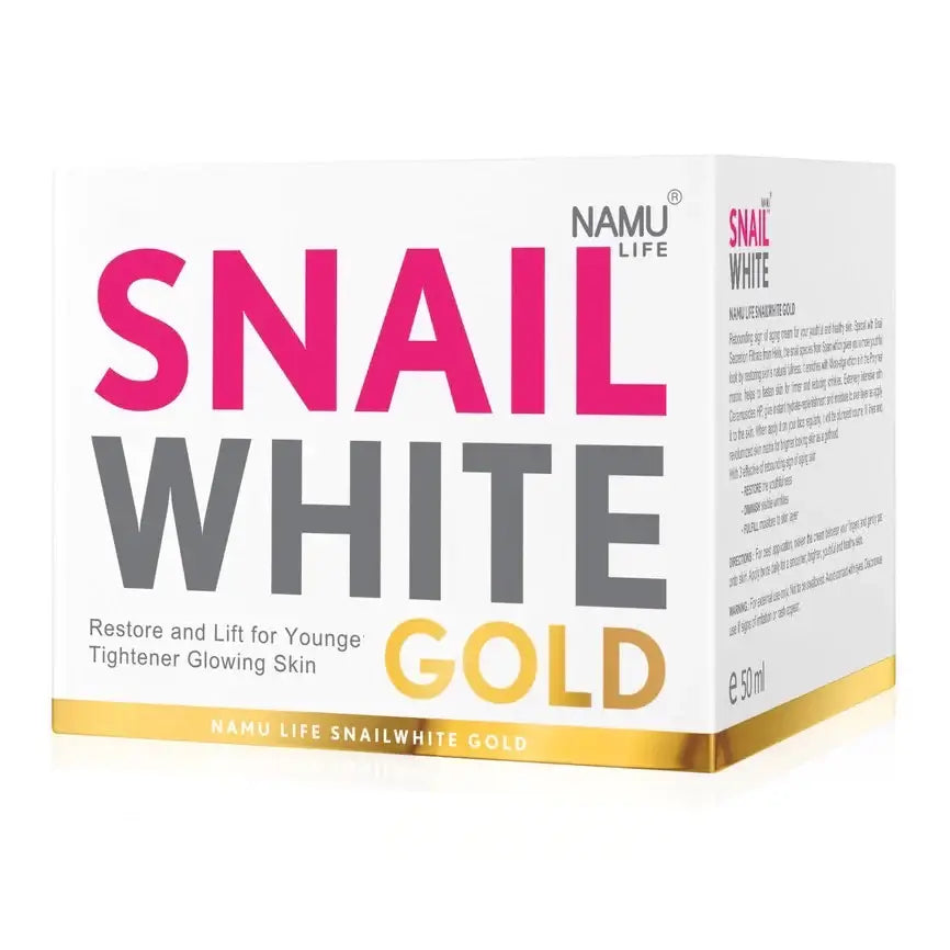 The front and side views of the white product packaging box for Snail White Gold Cream.