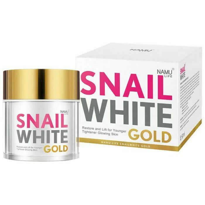 Snail White Gold Cream jar container standing next to its original white and gold product packaging box.