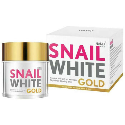 Snail White Gold Cream jar container standing next to its original white and gold product packaging box.