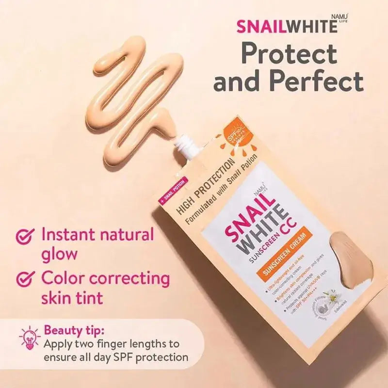 Snail White Sunscreen CC Natural Coverage Swatch and Product Packaging Display