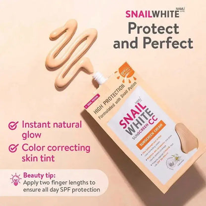 Snail White Sunscreen CC Natural Coverage Swatch and Product Packaging Display