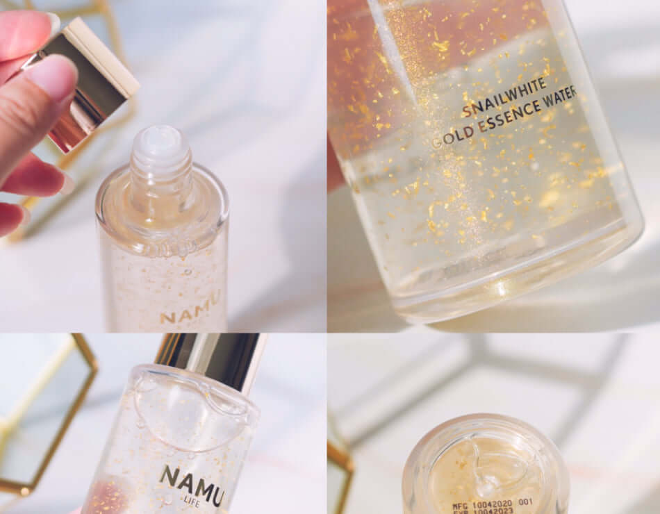 Snailwhite Gold Essence texture application and liquid bottle collage