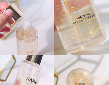 Snailwhite Gold Essence texture application and liquid bottle collage