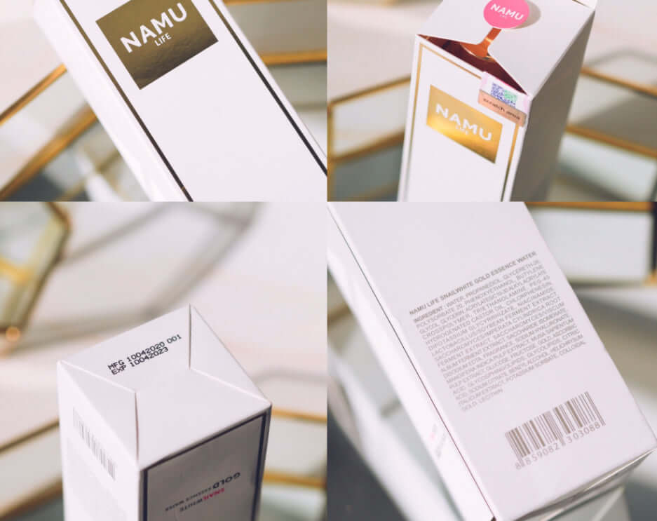 Snailwhite Gold Essence packaging box details showing ingredient list and barcode