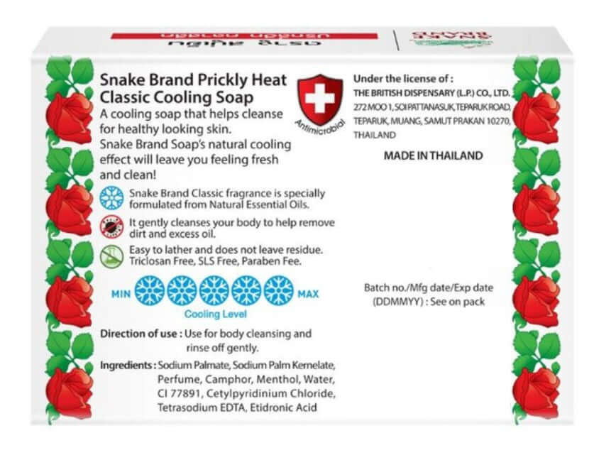 A detailed close-up image of the list of ingredients for Snake Brand Cooling Soap.