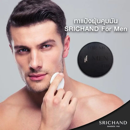 Srichand Oil Control Powder for Men Translucent Black Edition displayed with a man applying powder on his face.