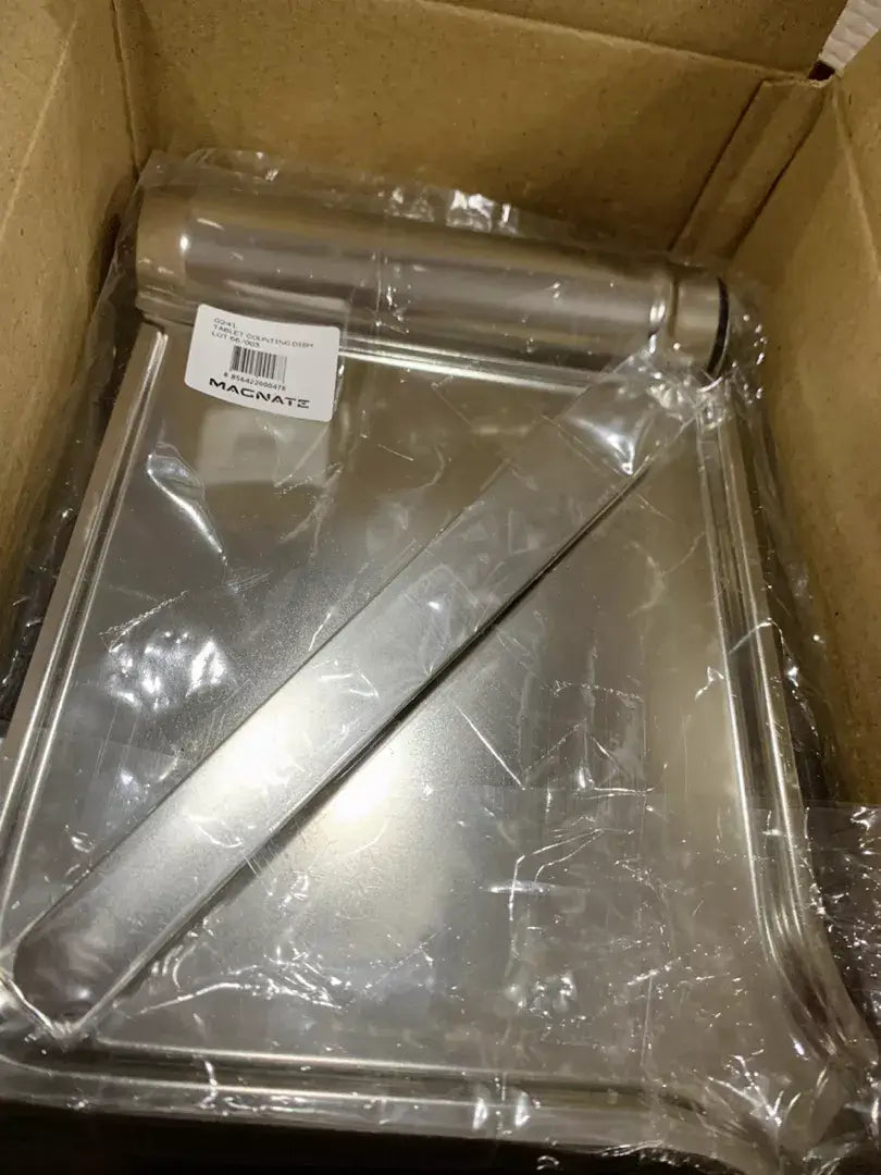 Stainless Steel Pill Counting Tray with spatula shown in its packaging, ideal for convenient tablet counting and handling.