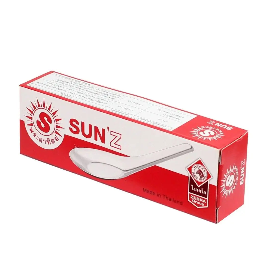 Sun Stainless Steel Spoons packaging showing 12 pcs tableware, ideal for Asian rice soup dining.