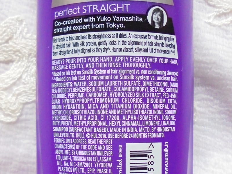 Back label of Sunsilk Perfect Straight Shampoo with ingredients and barcode