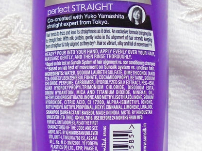 Back label of Sunsilk Perfect Straight Shampoo with ingredients and barcode