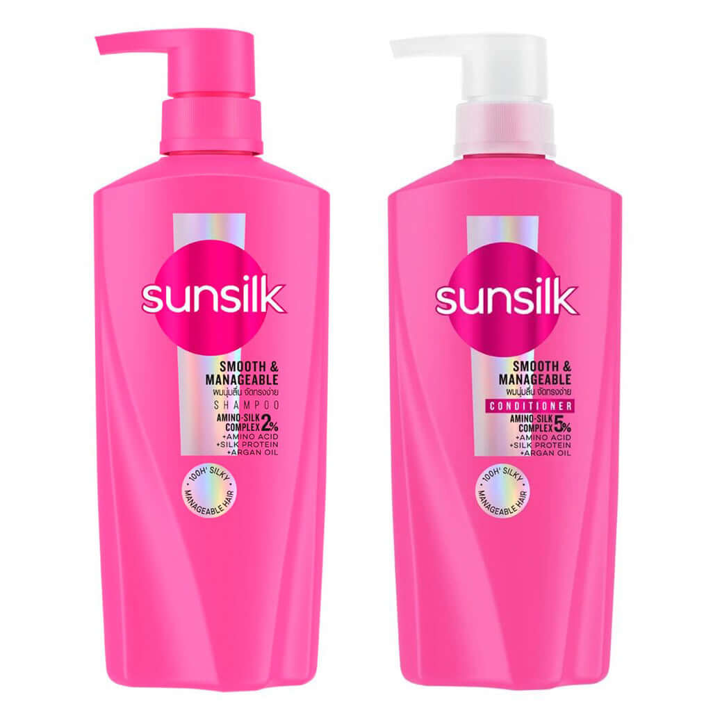 Sunsilk Smooth Manageable Shampoo and Conditioner duo set for soft, smooth hair care in pink bottles.