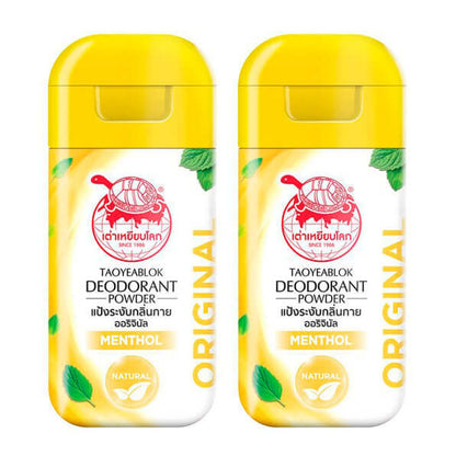 TAOYEABLOK Deodorant Powder pack of two original formula bottles with yellow caps.