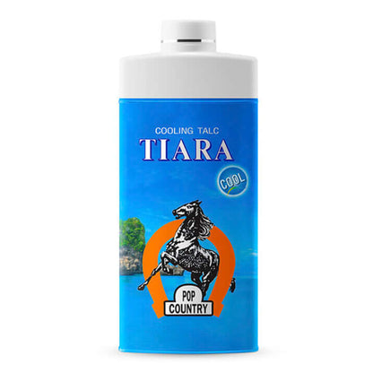 TIARA Cooling Talc Pop Country body powder 180g bottle with refreshing fragrance, cool sensation in a vibrant blue package.