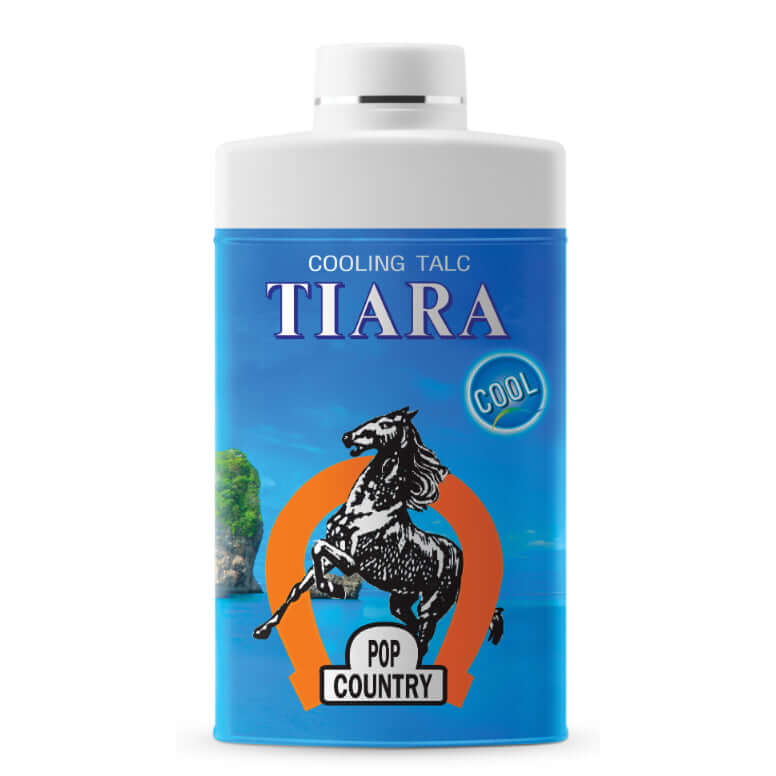 TIARA Cooling Talc Pop Country body powder 90g with cool refreshing fragrance in a blue container.