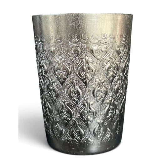 Thai Aluminum Cup front view with traditional silver embossed pattern.