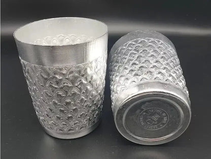 Thai Aluminum Cup set showing upright and bottom base views of traditional silver tumblers.