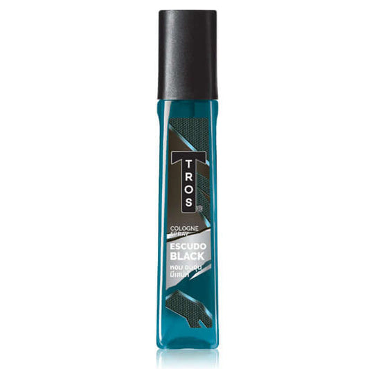Tros Escudo Cologne Spray Black bottle showcasing warm fragrance for men, 100ml.