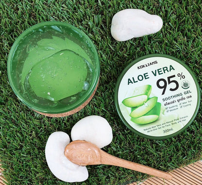 Kokliang Aloe Vera Gel 95% product with aloe vera leaves display