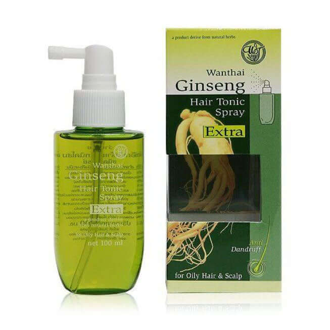 Wanthai Ginseng Hair Tonic spray bottle with box packaging green herbal design