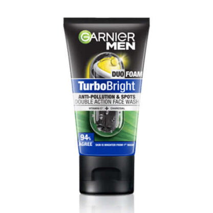 Garnier Men TurboBright Foam front view showing Duo Foam Anti Pollution Dark Spots formula.