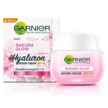Garnier Sakura Glow Pinkish Radiance Day Cream SPF30 with hyaluron packaging and jar.