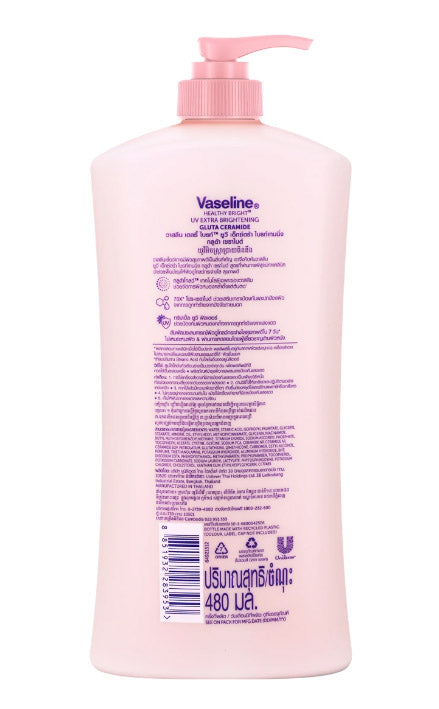 Vaseline UV Extra Brightening Lotion with GlutaGlow, back view of the 480 ml bottle showing ingredients and usage instructions.