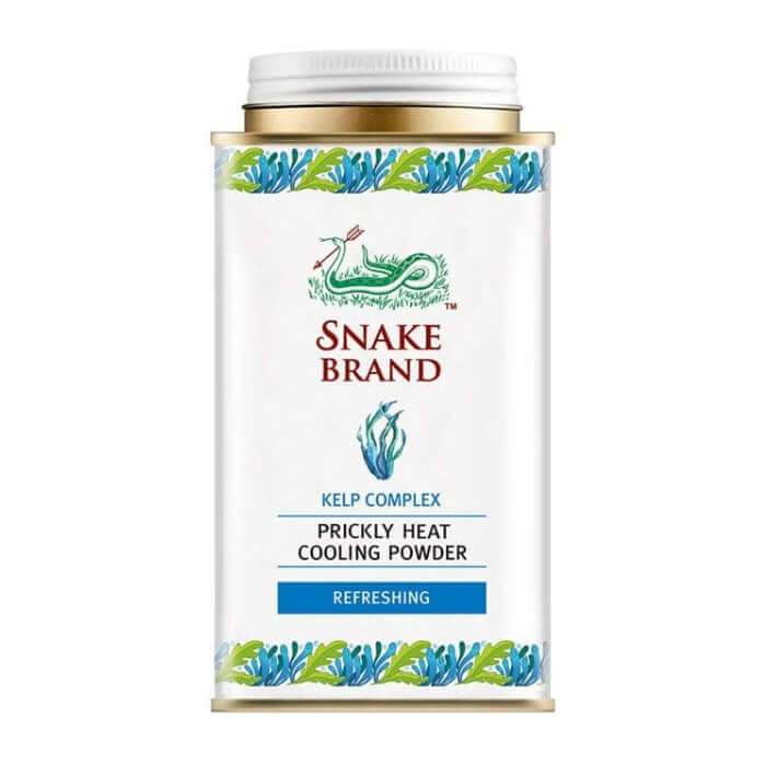 Snake brand prickly heat powder Kelp Complex Refreshing 140g front view showing blue marine design and seaweed illustration.