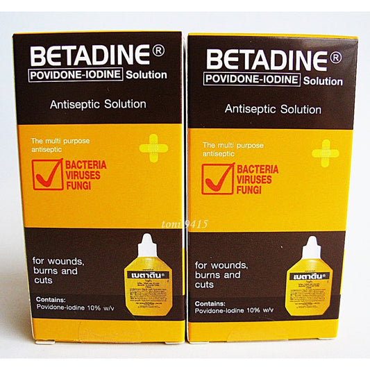 Two bottles of Betadine Povidone-Iodine Antiseptic Solution 30ml for wounds burns and cuts