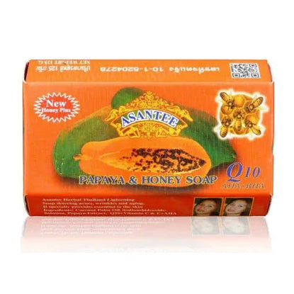 Asantee Papaya Honey Soap 125g front packaging showing papaya, honey, Q10, AHA, and BHA brightening formula