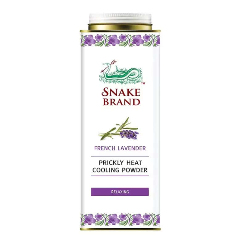 Snake Brand Prickly Heat Powder Lavender Cooling 280g front label showing lavender design and relaxing formula.