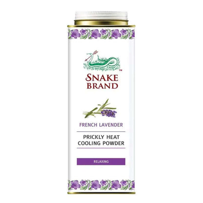 Snake Brand Prickly Heat Powder Lavender Cooling 280g front label showing lavender design and relaxing formula.